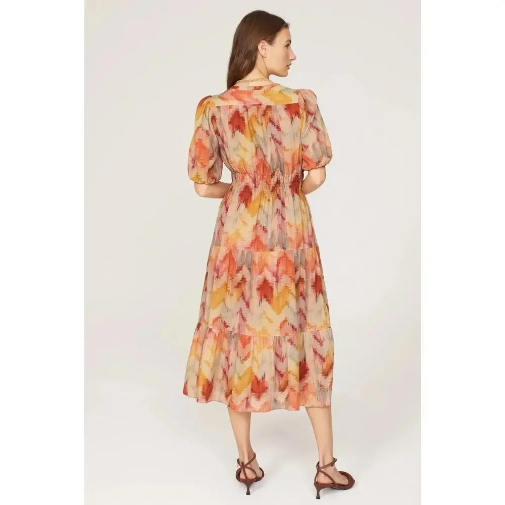 ba&sh Anissa Dress Short Sleeve Tiered Midi A-Line Orange Chevron Tie Dye XS